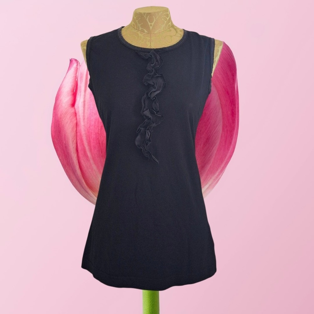 Dolce Gabbana Black Cotton Tunic Top Mini Dress Sleeveless Ruffle Detail Sz 44